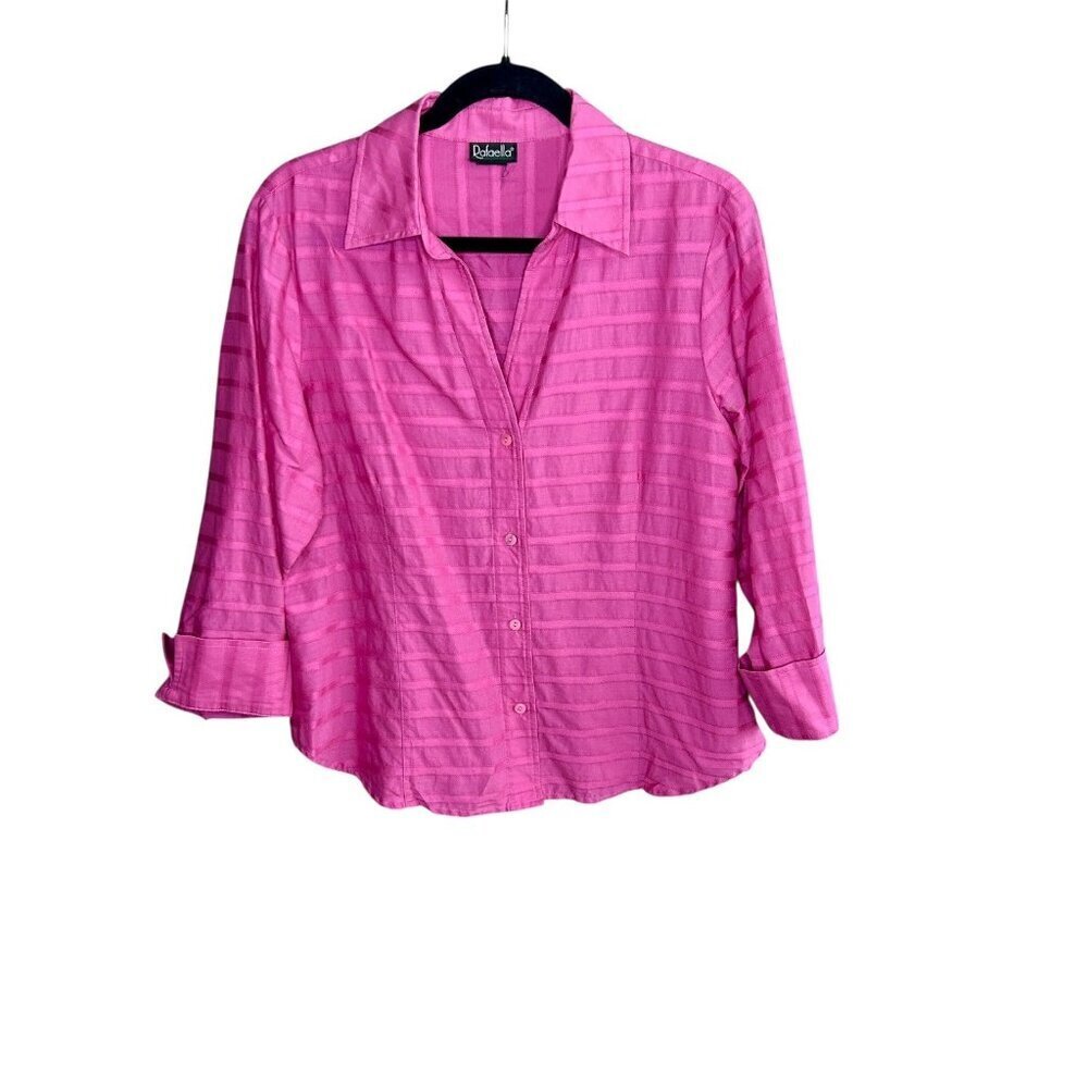 Rafaella Button Front Shirt Bright Pink Textured Striped 3/4 Sleeves